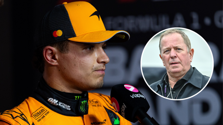 Lando Norris speaks to media at the Bahrain GP. Inset: Sky Sports F1 presenter Martin Brundle. Credit: Kym Illman/Getty Images/Vince Mignott/MB Media