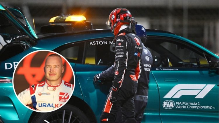 Haas driver Esteban Ocon after crashing at the Bahrain Grand Prix with an inset of Nikita Mazepin.