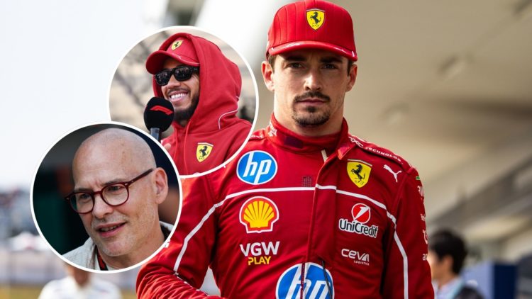 Ferrari driver Charles Leclerc walks in the Japanese Grand Prix paddock, Lewis Hamilton smiles in the fan zone and Jacques Villeneuve looks on.