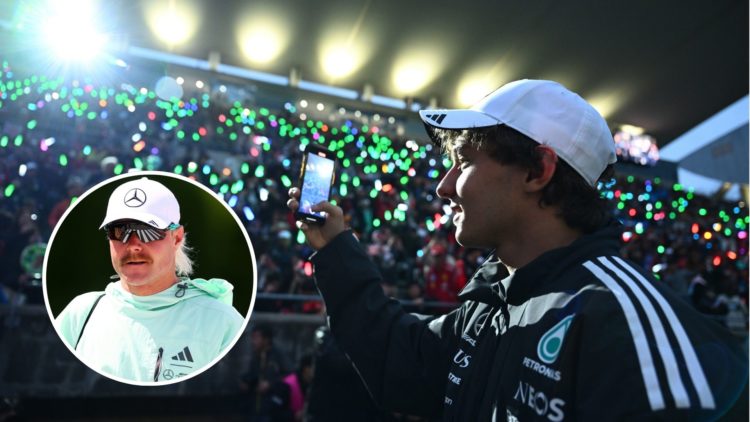 Mercedes reserve driver Valtteri Bottas arrives at the Japanese Grand Prix while Kimi Antonelli films the fans