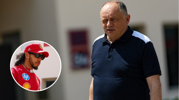 Ferrari team principal Fred Vasseur with an inset of Lewis Hamilton in the Bahrain Grand Prix paddock
