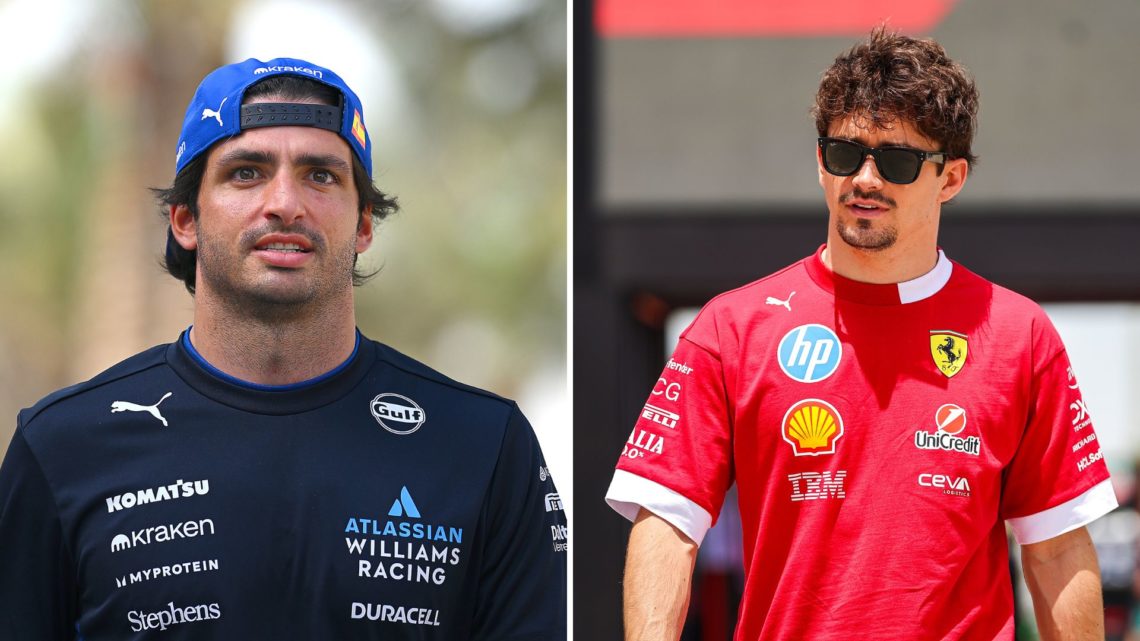 Split image of Williams driver Carlos Sainz and Ferrari's Charles Leclerc in the Bahrain Grand Prix paddock.