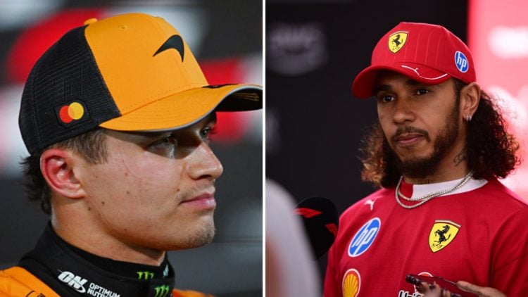 Split image of McLaren driver Lando Norris and Ferrari's Lewis Hamilton at the Bahrain Grand Prix.
