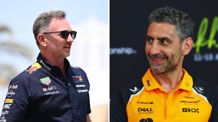 Split image of Red Bull team principal Christian Horner and McLaren boss Andrea Stella in the Formula 1 paddock.