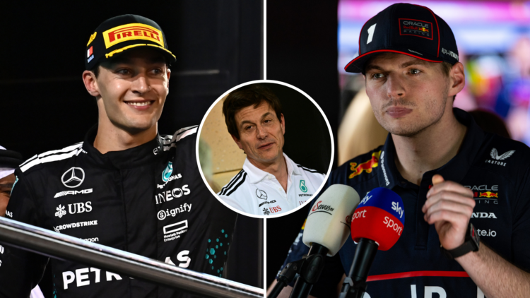 George Russell celebrates P2 at the Bahrain GP. Max Verstappen speaks to media after the Bahrain GP. Inset: Toto Wolff celebrates Russell's P2 in B...