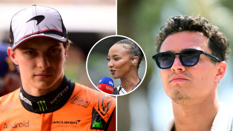 McLaren drivers Lando Norris and Oscar Piastri, and Sky Sports pundit Naomi Schiff, look on in the Formula 1 paddock.