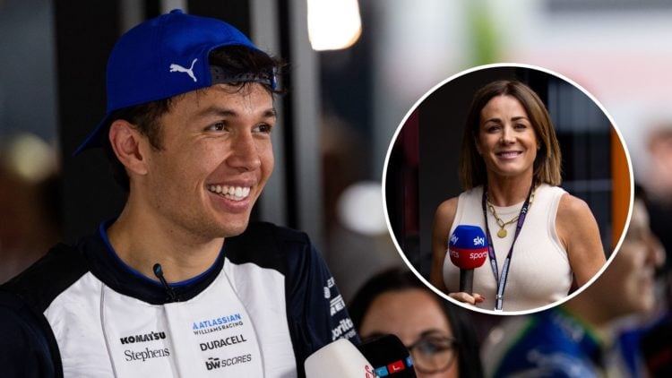 Alexander Albon of Thailand and Williams speaks in the media pen during the F1 Grand Prix of China. Inset, Natalie Pinkham.