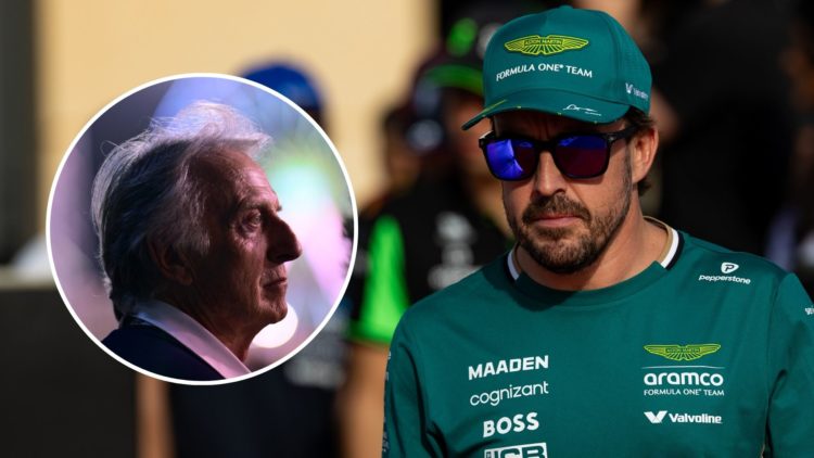 Aston Martin driver Fernando Alonso in the 2025 F1 Bahrain Grand Prix paddock. Inset, Luca di Montezemolo reacts after the race in Sakhir.