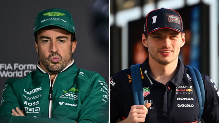 Aston Martin driver Fernando Alonso speaks to the media before the 2025 F1 Saudi Arabian Grand Prix. Inset, Red Bull driver Max Verstappen arrives ...