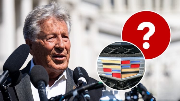 Auto racing champion Mario Andretti speaks during a press conference outside the U.S. Capitol. Inset, the Cadillac badge and a question mark.