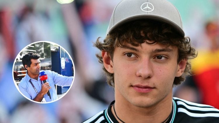 Mercedes driver Andrea Kimi Antonelli speaks to media at Bahrain Grand Prix. Inset, Sky Sports analyst Karun Chandhok in China