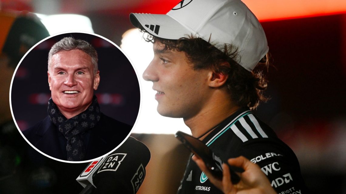 Mercedes driver Andrea Kimi Antonelli (R) being interviewed after qualifying for the Bahrain Grand Prix. Inset, former F1 driver David Coulthard (L).