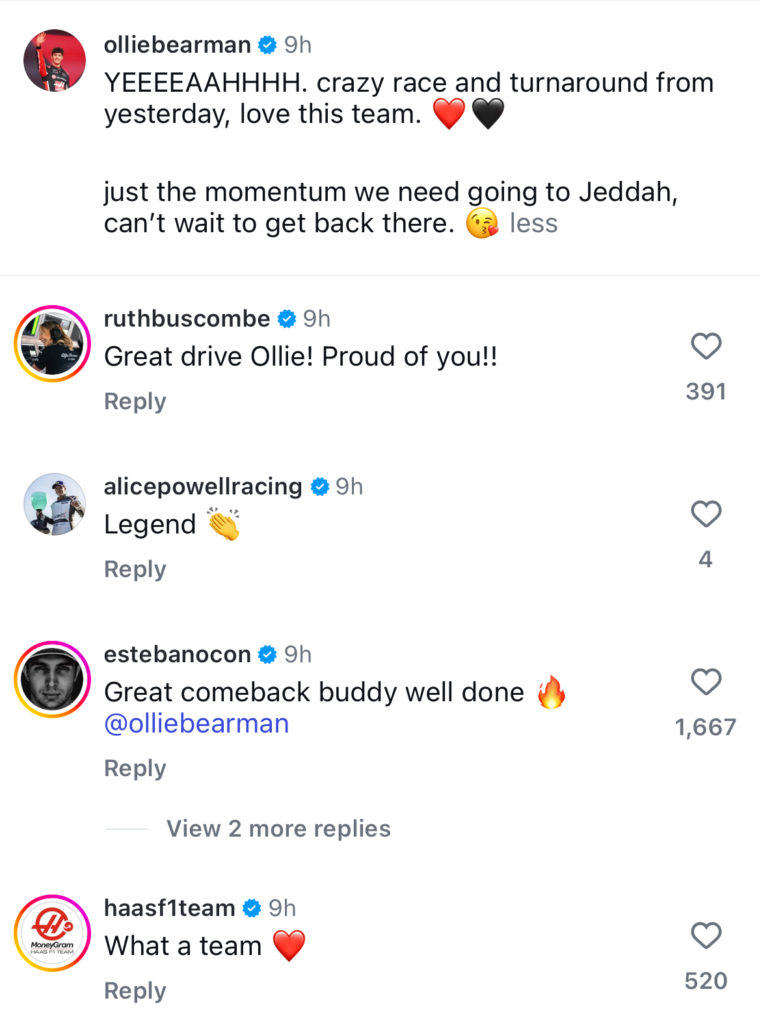 Esteban Ocon congratulates Oliver Bearman on scoring points at the Bahrain Grand Prix