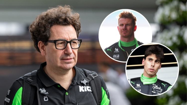 Sauber COO Mattia Binotto arrives in the 2025 F1 Australian Grand Prix paddock. Insets, Sauber drivers Nico Hulkenberg reacts after the 2025 F1 Chi...