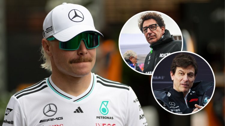 Mercedes reserve driver Valtteri Bottas walks through the 2025 F1 Australian Grand Prix paddock. Insets, Sauber COO Mattia Binotto on the Melbourne...
