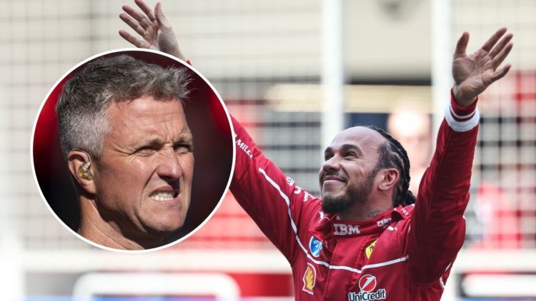 Image of Ferrari driver Lewis Hamilton (R) celebrating at the Chinese Grand Prix. Inset, former F1 driver and pundit Ralf Schumacher