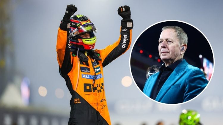 An image of McLaren driver Oscar Piastri (L) celebrating at the 2025 Bahrain Grand Prix. Inset, Martin Brundle (R) at the 2023 Las Vegas Grand Prix.