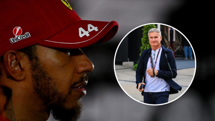 Image of Ferrari driver Lewis Hamilton after qualifying at the Bahrain Grand Prix. Inset, commentator and pundit David Coulthard.