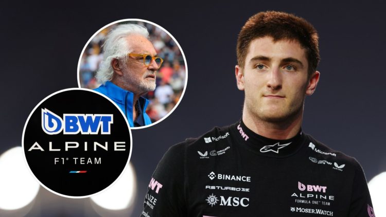 Eleventh placed qualifier Jack Doohan of Australia and Alpine F1 looks on during qualifying ahead of the F1 Grand Prix. Inset, the Alpine F1 badge ...
