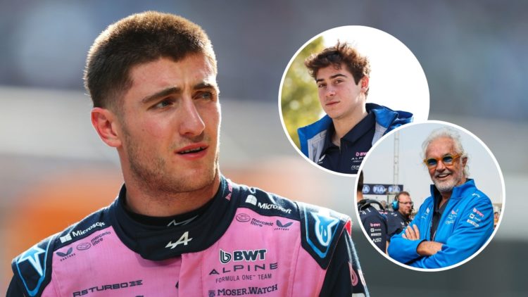 Alpine driver Jack Doohan walks through the paddock after the F1 Sprint at the 2025 Chinese Grand Prix. Insets, Alpine reserve driver Franco Colapi...