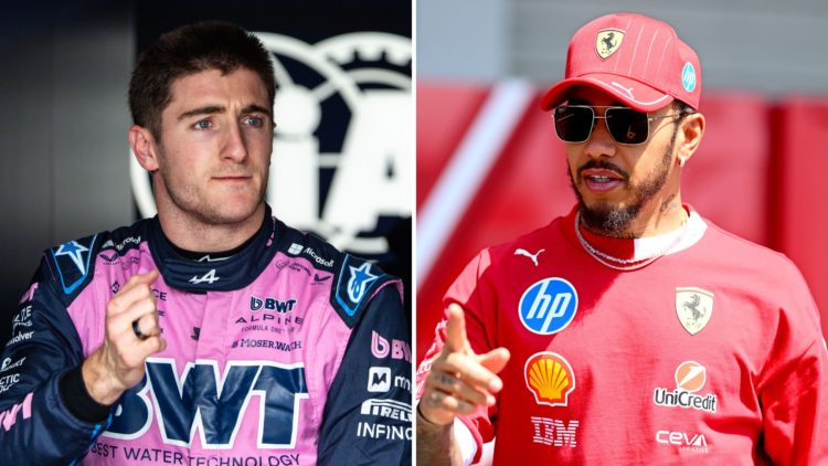 Split image of Jack Doohan of Australia and Alpine F1 team leaving the FIA garage, and Lewis Hamilton of Great Britain and Scuderia Ferrari looking...