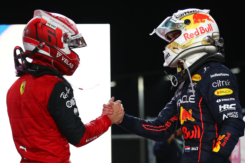 Max Verstappen and Charles Leclerc shaking hands after the 2022 Saudi Arabian Grand Prix