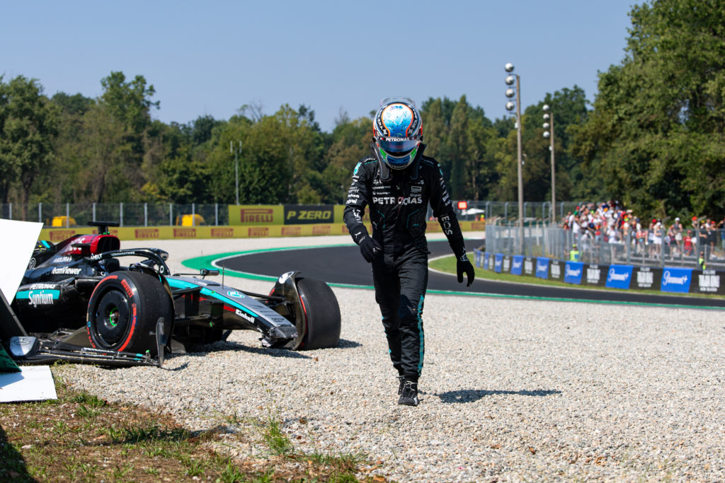 Mercedes driver Andrea Kimi Antonelli walks away after crashing in FP1 for the 2024 F1 Italian Grand Prix