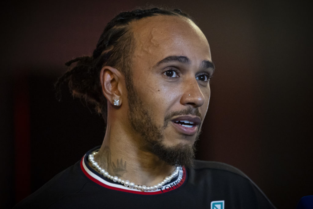 Lewis Hamilton of Mercedes speaks to the media after the 2024 Abu Dhabi Grand Prix