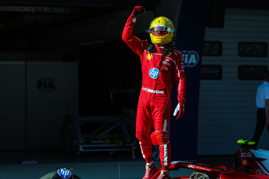 Lewis Hamilton of Ferrari celebrates securing Sprint pole position at the 2025 Chinese Grand Prix