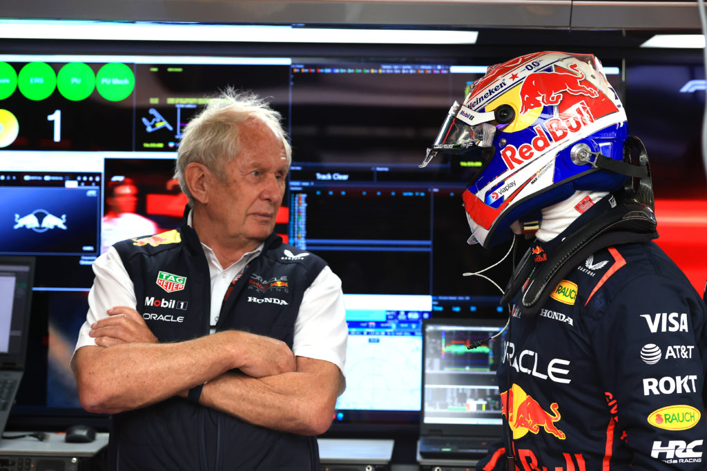 Helmut Marko and Max Verstappen during qualifying at the 2025 Chinese Grand Prix