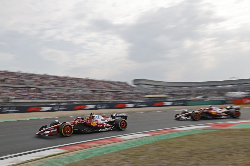 Ferrari drivers Lewis Hamilton and Charles Leclerc on track during the 2025 F1 Chinese Grand Prix