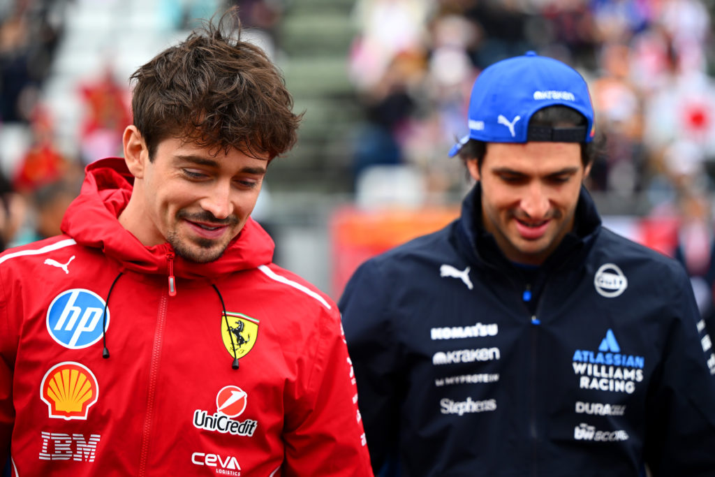 Ferrari driver Charles Leclerc and Williams driver Carlos Sainz speaking at the 2025 Formula 1 Japanese Grand Prix