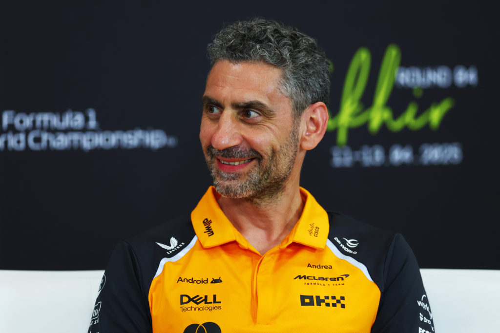 McLaren team principal Andrea Stella in a press conference at the 2025 F1 Bahrain Grand Prix