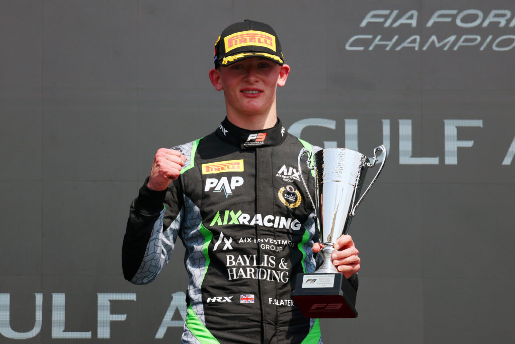 Freddie Slater on the podium at the 2025 Formula 3 round in Bahrain