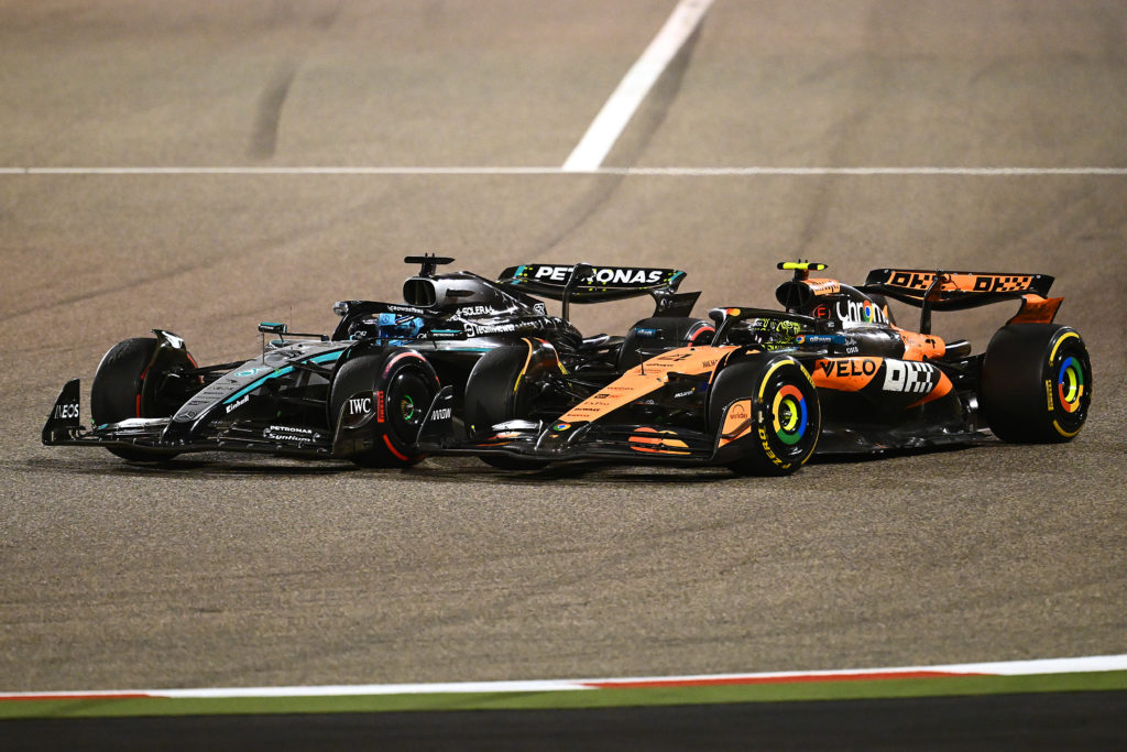 George Russell and Lando Norris battling for position at the 2025 Bahrain Grand Prix.
