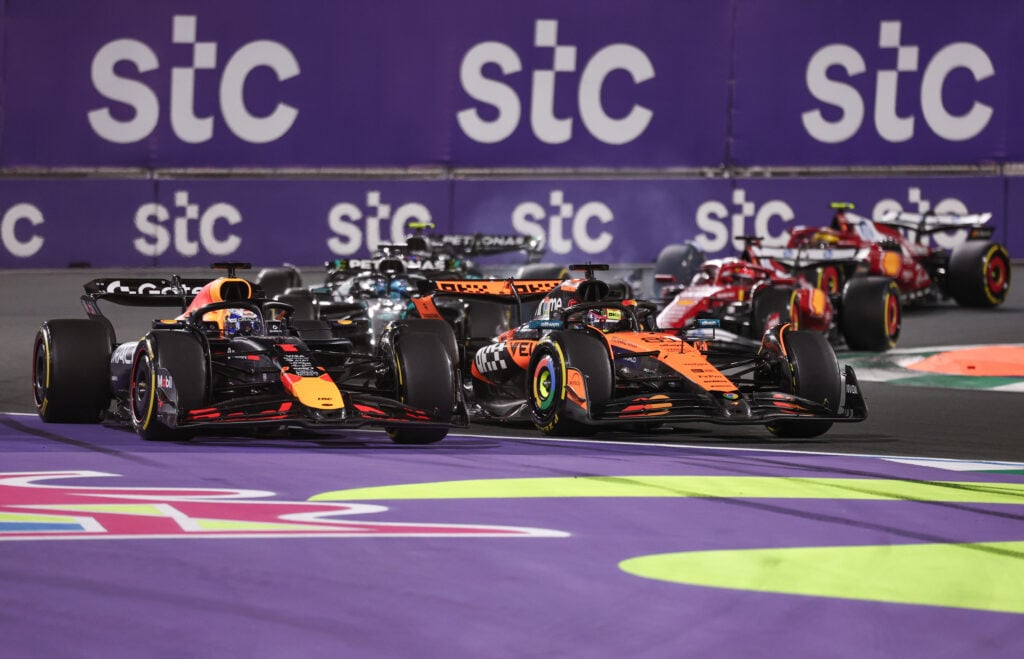 Max Verstappen leaves the road fighting Oscar Piastri in 2025 F1 Saudi Arabian Grand Prix