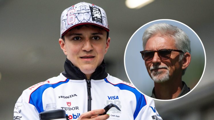 Image of (L) Racing Bulls driver Isack Hadjar at the Japanese Grand Prix. Inset (R) F1 world champion Damon Hill.