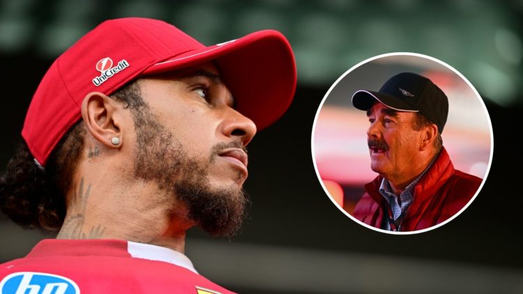 Ferrari driver Lewis Hamilton reacts ahead of the 2025 F1 Saudi Arabian Grand Prix with an inset of Nigel Mansell at the 2024 Las Vegas GP