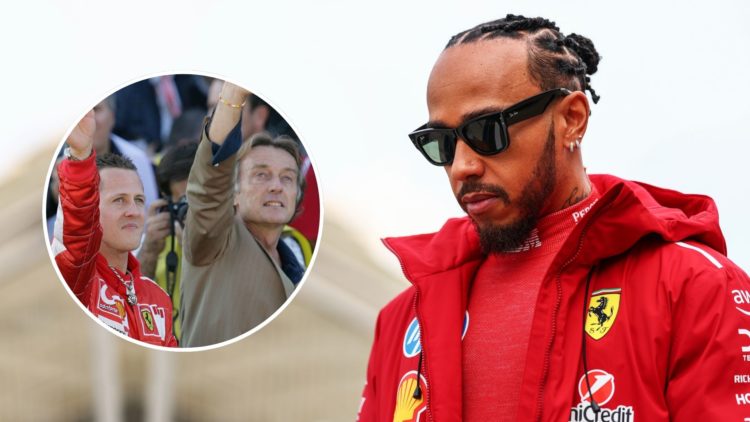 Lewis Hamilton of Great Britain and Scuderia Ferrari looks on during day one of F1 Testing at Bahrain International Circuit. Inset, Luca di Monteze...
