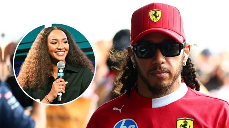 Lewis Hamilton of Great Britain and Scuderia Ferrari looks on prior to the F1 Grand Prix of Bahrain. Inset, Naomi Schiff.