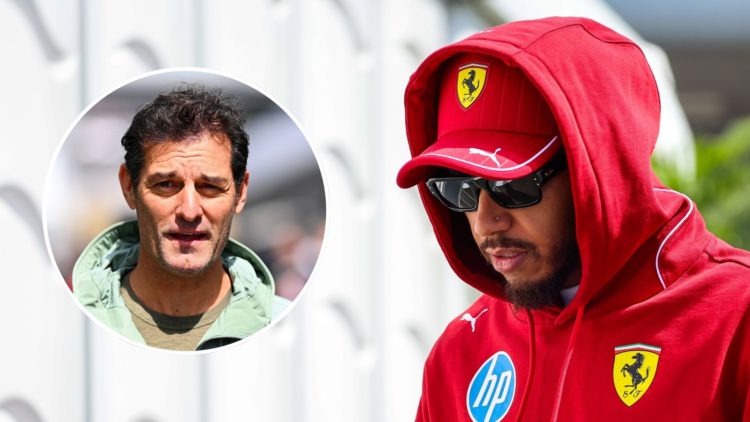 Ferrari driver Lewis Hamilton arrives for qualifying at the 2025 F1 Japanese Grand Prix. Inset, Mark Webber walks through the Suzuka paddock.