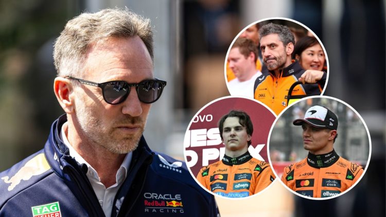 Christian Horner arrives at the Japanese GP. Insets, Andrea Stella and Oscar Piastri react after the race and Lando Norris after qualifying.