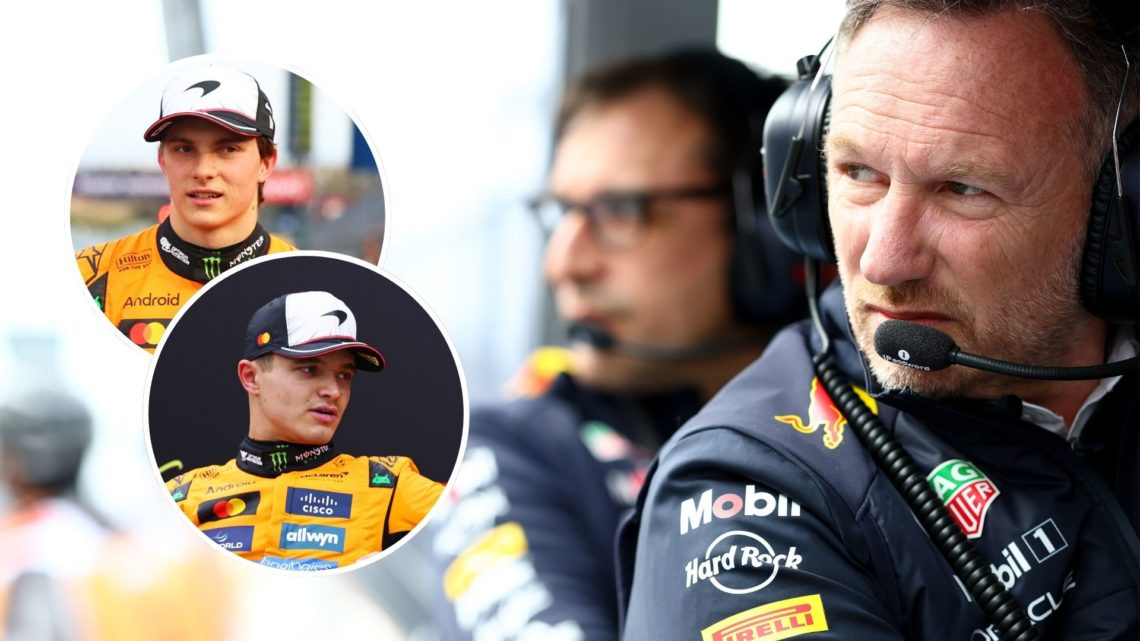 Red Bull team principal Christian Horner looks on during qualifying for the 2025 F1 Japanese Grand Prix. Insets, McLaren drivers Lando Norris and O...