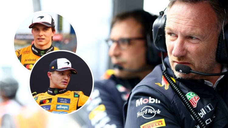 Red Bull team principal Christian Horner looks on during qualifying for the 2025 F1 Japanese Grand Prix. Insets, McLaren drivers Lando Norris and O...