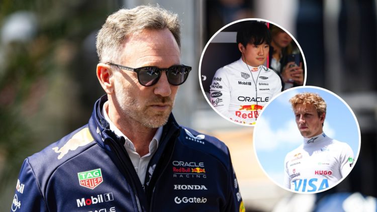 Image of Christian Horner with two insets of Yuki Tsunoda and Liam Lawson