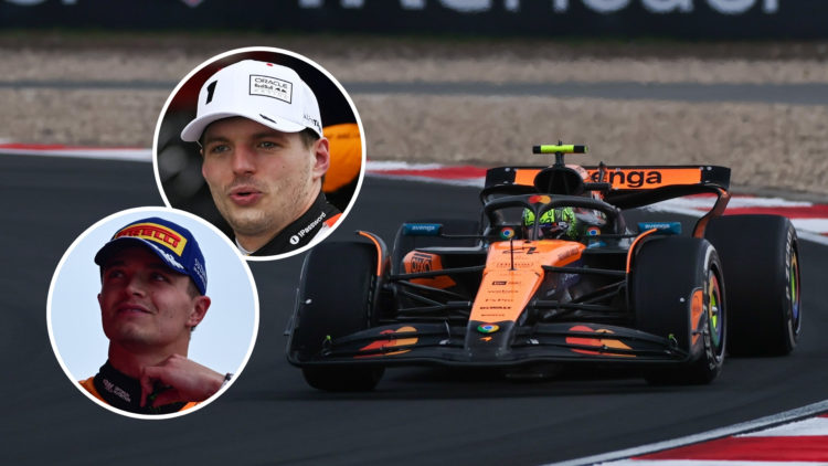 Lando Norris of the UK drives on track with insets of Lando Norris of Great Britain and McLaren and Max Verstappen of Oracle Red Bull Racing being ...