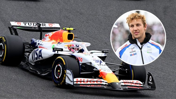 Image of Liam Lawson's Racing Bulls Car at the Japanese Grand Prix with an inset of himself