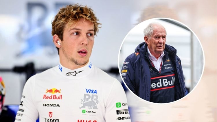 Image of Liam Lawson with an inset of Helmut Marko