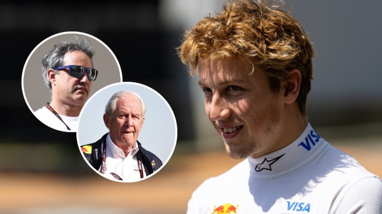 Image of Liam Lawson with insets of Helmut Marko and Juan Pablo Montoya