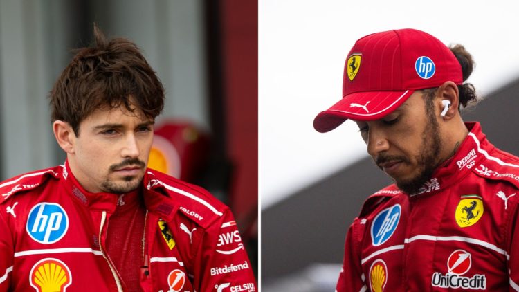 Ferrari drivers Charles Leclerc and Lewis Hamilton walk through the 2025 F1 Japanese GP pit lane.